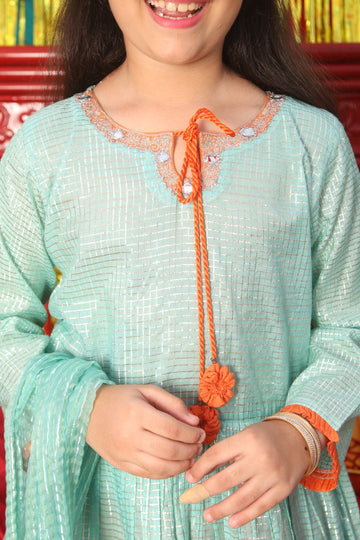 Formal 3 Piece Suit | Pure Banarsi  Viscose Checks | Sea Green & Orange | KDD-01812